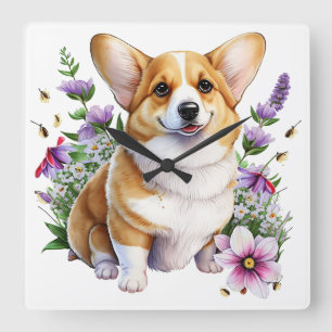 HORLOGE CARRÉE CORGI BIEN ÉCLAIRÉ DE PEMBROKE AVEC FLEURS
