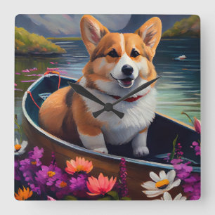Horloge Carrée Corgi sur une pagaie : Une aventure pittoresque