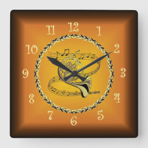 Horloge Carrée Corne Française Sur Scroll Musical & Russet Orange