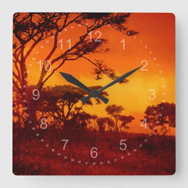Horloge Carrée Coucher de soleil africain orange (Recto)