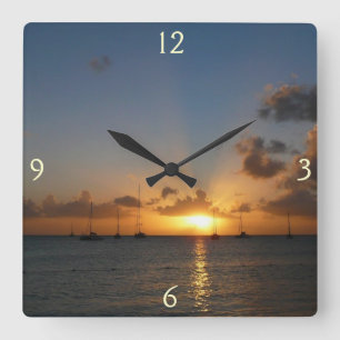 Horloge Carrée Coucher de soleil avec voiliers Paysage tropical P