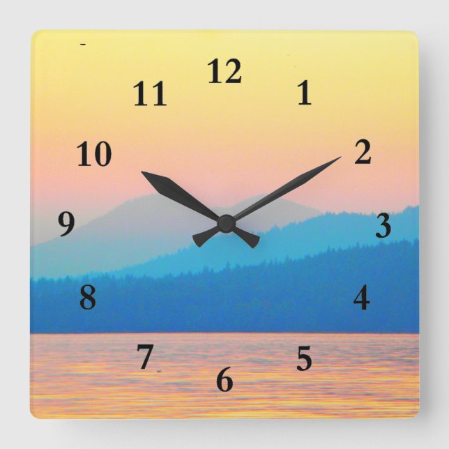 Horloge Carrée Coucher de soleil cyan et Saumon (Recto)