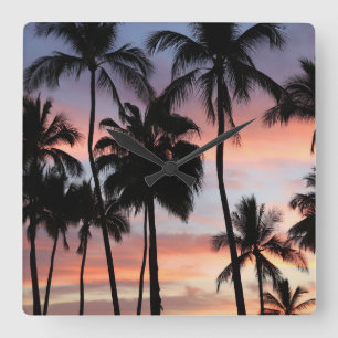 Horloge Carrée Coucher de soleil des palmiers tropicaux