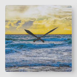 Horloge Carrée Coucher De Soleil Jaune Sur Mer Bleue