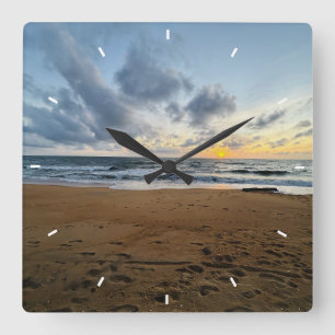 Horloge Carrée Coucher de soleil sur la plage Décor côtier océani