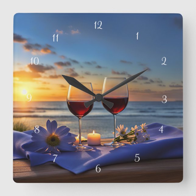 Horloge Carrée Coucher de soleil sur la plage et le vin (Recto)
