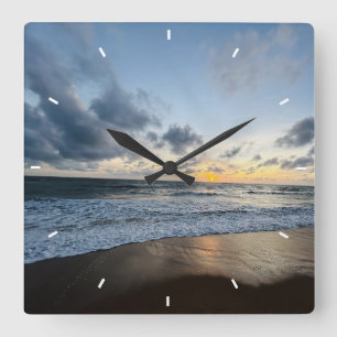 Horloge Carrée Coucher de soleil sur la plage Océan Décor côtier