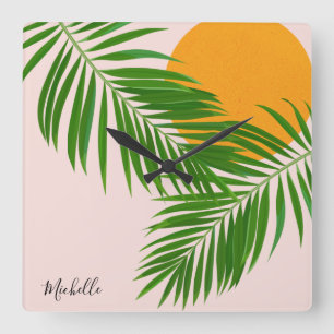Horloge Carrée Coucher de soleil tropical rétro feuilles de palmi