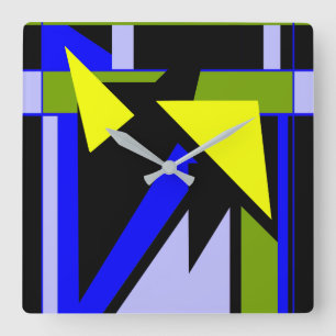 Horloge Carrée Couleurs géométriques bleu noir jaune