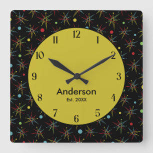 Horloge Carrée Couleurs personnalisées de point rétro atomique de