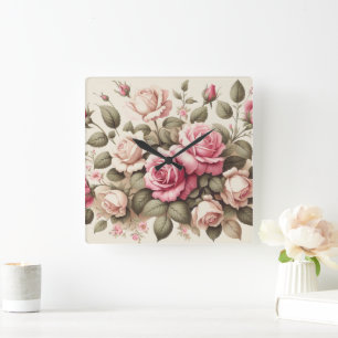 Horloge Carrée Country Garden Roses roses sur Crème Arrière - pla