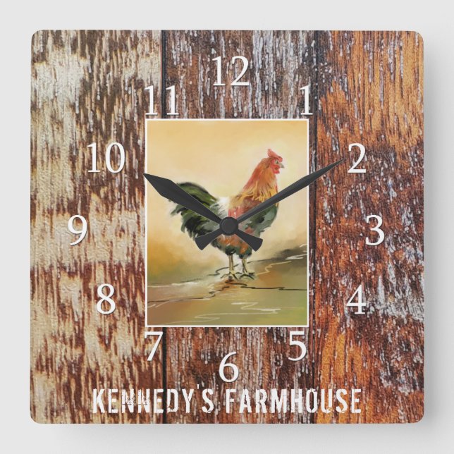 Horloge Carrée Country Kitchen Rooster Rustic Wood Farmhouse (Recto)