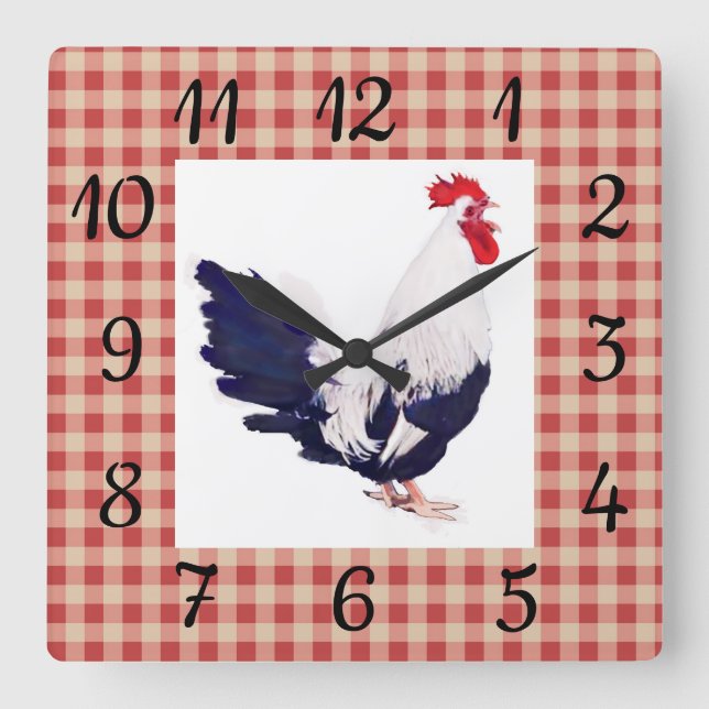Horloge Carrée Country Wall Clock with Red Check and Rooster (Recto)