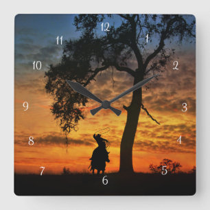 Horloge Carrée Country Western Cowboy et Oak Tree Roping