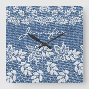 Horloge Carrée Coupe de mur de dentelle bleu Jean Denim