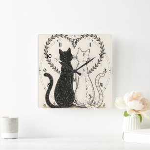 Horloge Carrée Couple de chats amoureux du coeur floral