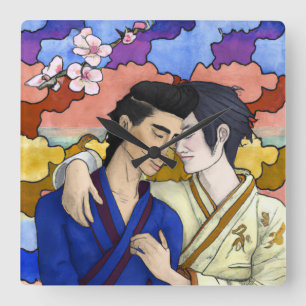 Horloge Carrée Couple Gay Dans Le Style De L'Art Japonais Ukiyo-e