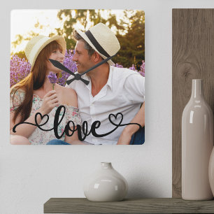 Horloge Carrée Couple photo amoureux et coeurs calligraphie
