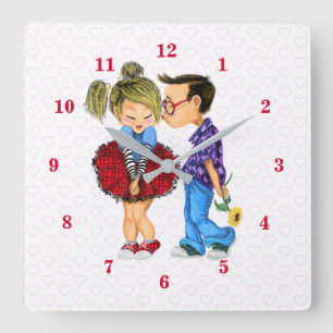 Horloge Carrée Couple romantique mignon - Coeurs d'amour - Baiser