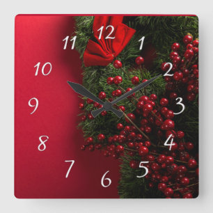 Horloge Carrée couronne de noël avec baies rouges