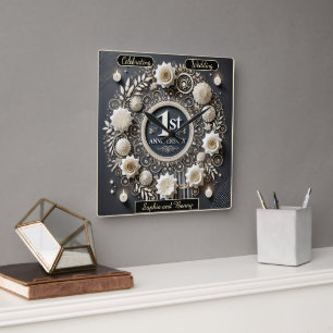 Horloge Carrée Couronne de premier anniversaire romantique