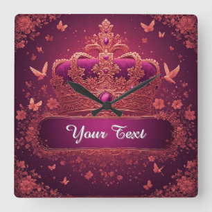 Horloge Carrée Couronne rose élégante avec embellissements en or