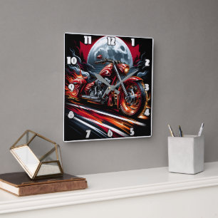 Horloge Carrée Courses de motocyclettes enflammées sous pleine lu