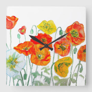Horloge Carrée Coussin aquarelle coquelicot orange rouge jaune Bl