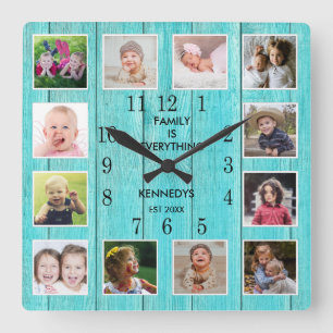 Horloge Carrée Coutume 12 Collage de photos Famille Citation Bois