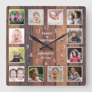 Horloge Carrée Coutume 12 Collage de photos Famille Citation Pale