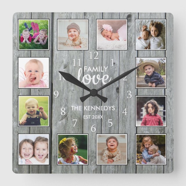 Horloge Carrée Coutume 12 Collage photo Famille Amour Bois gris (Recto)