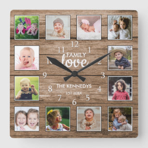 Horloge Carrée Coutume 12 Collage photo Famille Amour Bois rustiq