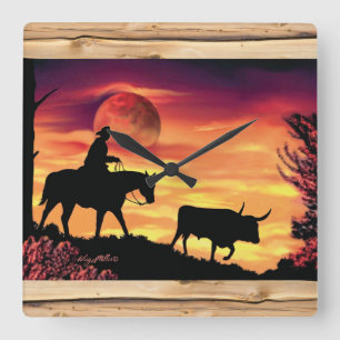 Horloge Carrée Cowboy and longhorn Steer Square Wall Clock