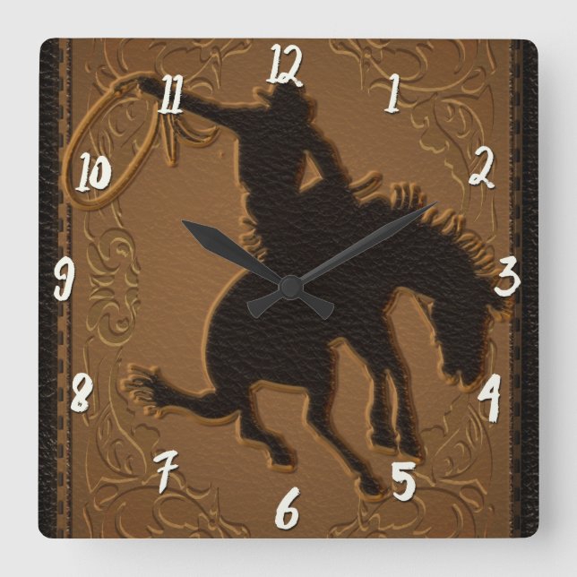 Horloge Carrée Cowboy de Leather Western Wild West Rustic (Recto)