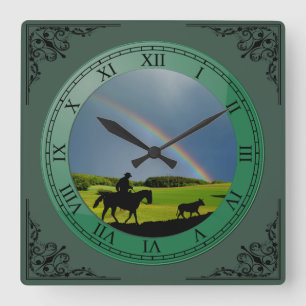 HORLOGE CARRÉE COWBOY ET VACHE