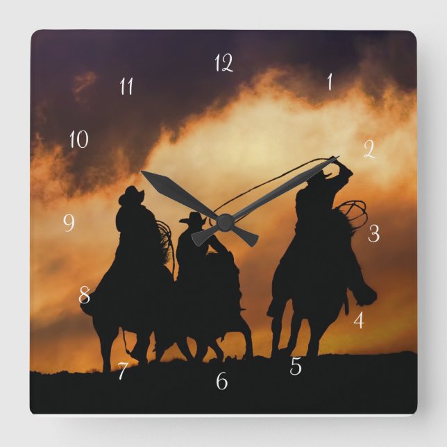 Horloge Carrée Cowboys et Horses Roping (Recto)
