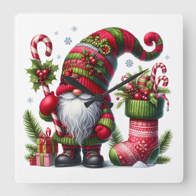 Horloge Carrée Cozy Christmas Gnome Art – Festive Holiday (Recto)