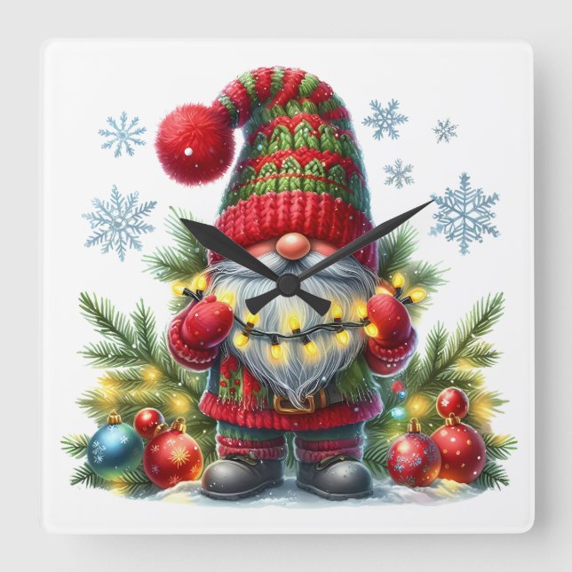 Horloge Carrée Cozy Christmas Gnome Art – Festive Holiday (Recto)
