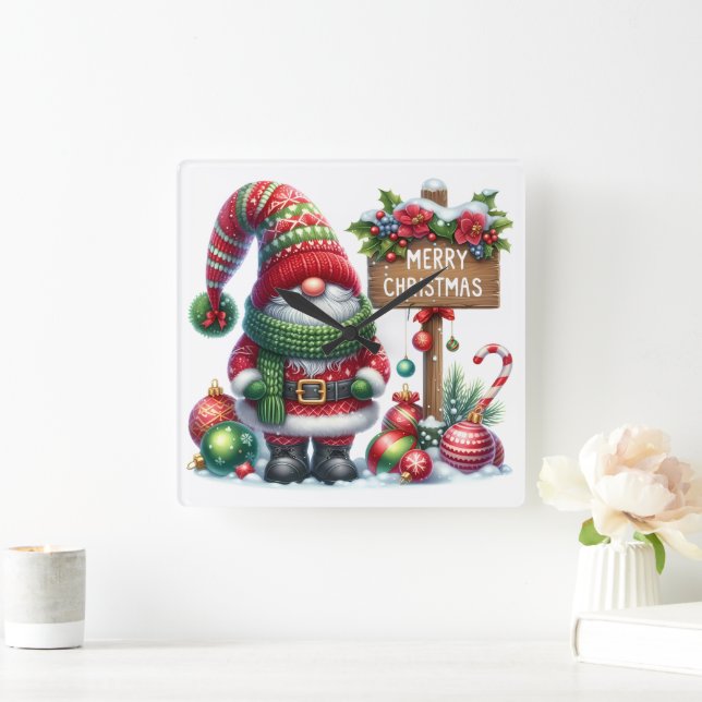 Horloge Carrée Cozy Christmas Gnome Art – Festive Holiday (Maison)
