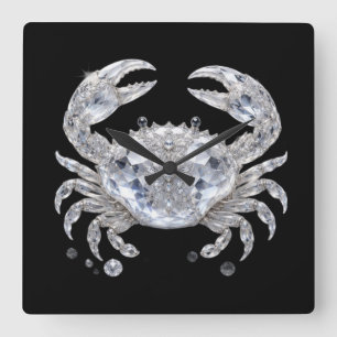 Horloge Carrée Crabe de cristal argenté   Océan scintillant Luxe