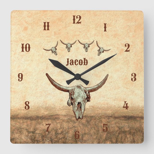 Horloge Carrée Crâne de vache Brown Western Pays Style rustique (Recto)