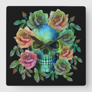 HORLOGE CARRÉE CRÂNE VERT DE LA MORT AVEC FLEURS