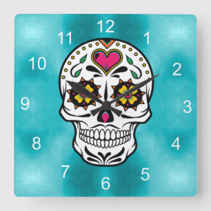 Horloge Carrée Crânes à sucre et tourbillons Rose Turquoise ID725