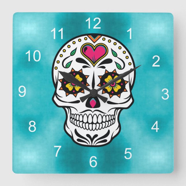 Horloge Carrée Crânes à sucre et tourbillons Rose Turquoise ID725 (Recto)