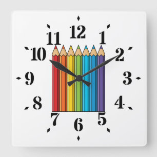 Horloge Carrée Crayons de couleur arc-en-ciel
