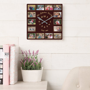 Horloge Carrée Create Custom Brown Faux Gold Family Photo Collage