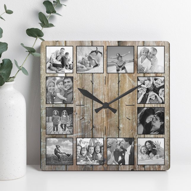 Horloge Carrée Create Your Custom Photo Collage Rustic Farmhouse (Créateur téléchargé)
