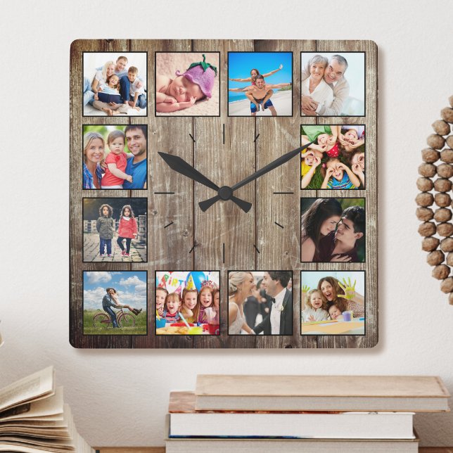 Horloge Carrée Create Your Custom Photo Collage Rustic Farmhouse (This farmhouse square wall clock is a perfect way to showcase your photos in a cozy and rustic style)