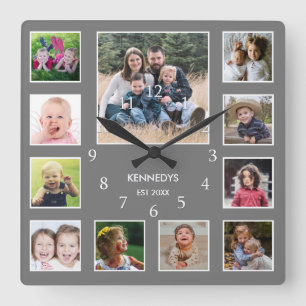 Horloge Carrée Create Your Own Family Nom Photo Collage Gray
