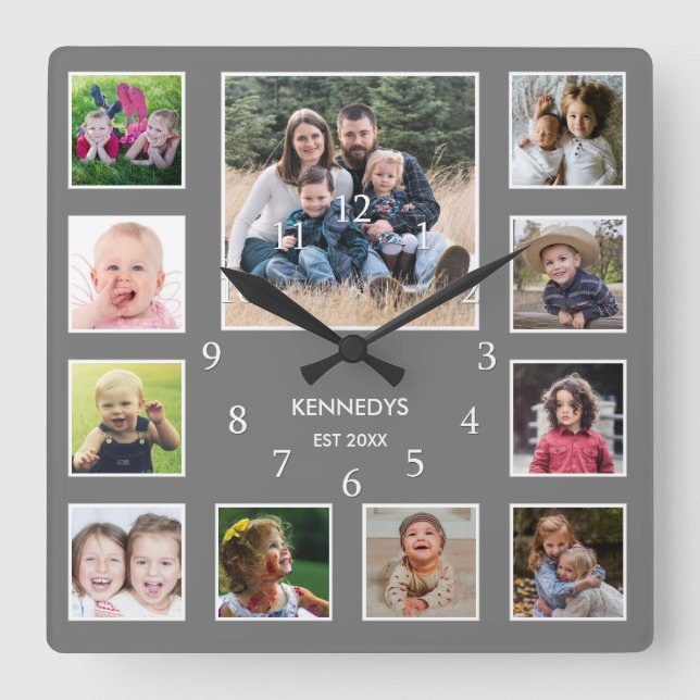 Horloge Carrée Create Your Own Family Nom Photo Collage Gray (Recto)